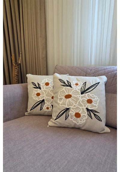 Punch İşlemeli Modern Tasarım Dekoratif 2'li Kırlent Kılıfı Nakışlı Keten 43x43 Cm Papatya