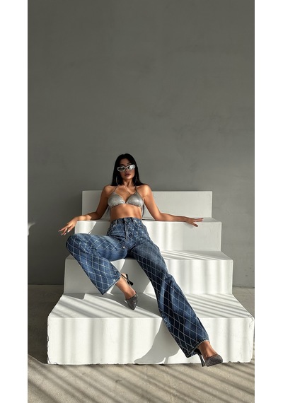 Loısy Kadın Koyu Mavi Renk Loose Fit Önü Starlight Parlak Taşlı Tasarım Denim Mavi