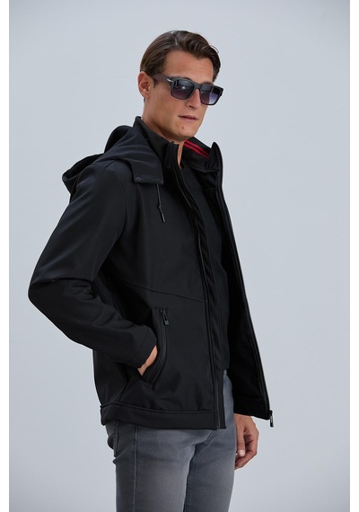 Pique Erkek Siyah Mont Kapüşonlu Erkek Softshell Mont