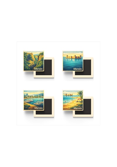 Mersin - 4'lü Memleket Seti - Baskılı Buzdolap Magneti Kare - 9x9 Cm - 4 Adet