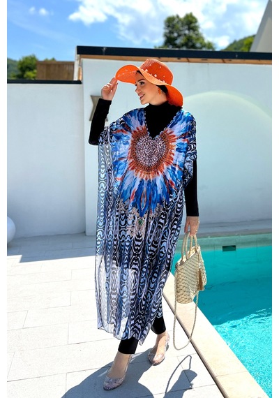 Remsa Tesettür Mayo Üzerine Desenli Tek Kaftan Pareo 430-307 Arjantin Ekru