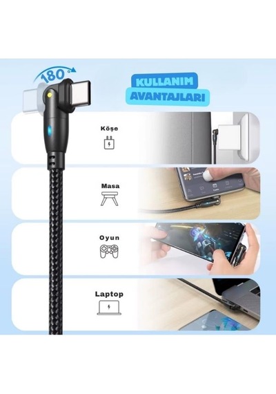 Type C To Type C Hızlı Şarj Data Kablosu Çevirici Dönüştürücü Adaptör 180 Derece 100w 1 Metre 100 Cm