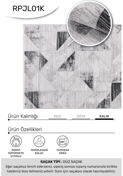 Jalura-gri/siyah- Özel Ölçü-salon,oturma Odası, Koridor Halısı-robot Süpürgeye Uyumlu-kolay Temizlenebilir