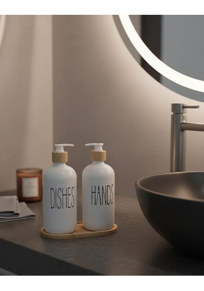 2'li Sıvı Sabun Ve Bulaşık Deterjanı Seti 500 Ml Hacimli Bambu Kapak Ve Ahşap Standlı Ahşap - Beyaz