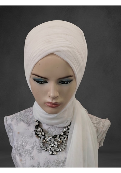 Kırık Beyaz Gelinbaşı Sarma Sevda Model Hazır Duvak Hazır Şal Hazır Türban