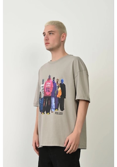 Barlashive Erkek Baskılı T-shirt Kısa Kol Bisiklet Yaka Rahat Kalıp Tişört - Boyalı Gri Çok Renkli