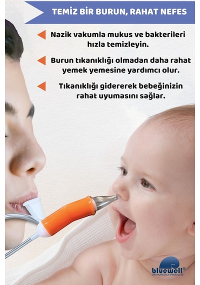 Bluewell Nazal Burun Aspiratörü Başlangıç Seti Bebek Burun Temizleyici Aspiratör + Uyumlu 10 Adet Ye