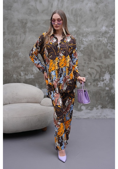 Polologin Butik Kahverengi Turuncu Mavi Yaprak Desenli Takım Kahverengi