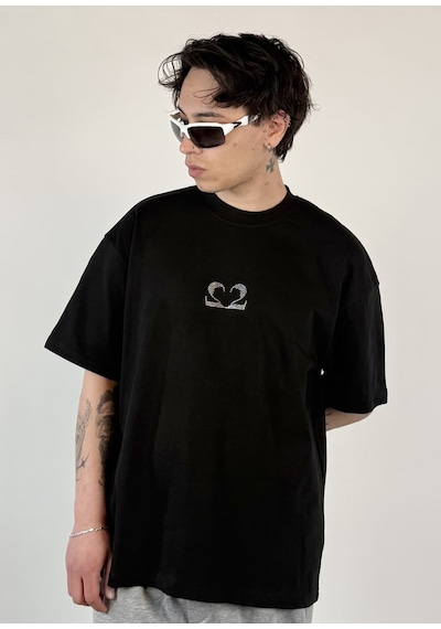Zaee 2m Motive Taşlı Oversize T-shirt Siyah