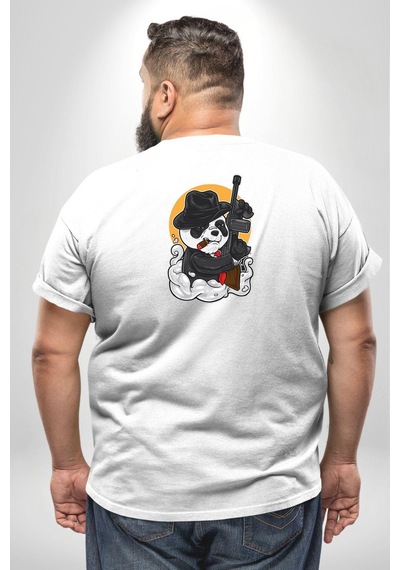 Angemiel Gangster Panda Büyük Beden Beyaz Tişört Kadın Erkek Ünisex Sırt Baskılı Beyaz