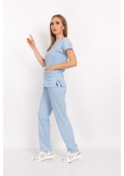 Bebe Mavi Likralı Unisex Doktor Hemşire Hastane Scrubs Üniforma Takımı Bebe Mavi Bebe Mavi