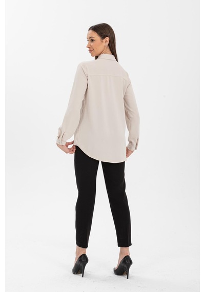 Pera Moda Basic Önü Kısa Arkası Uzun Küçük Ve Büyük Bedenli Jessica Gömlek Bej