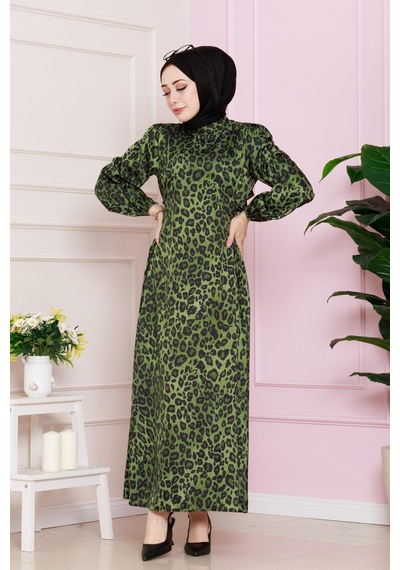 Yanı Bağcıklı Leopar Desenli Tesettür Abiye-yeşil-4683