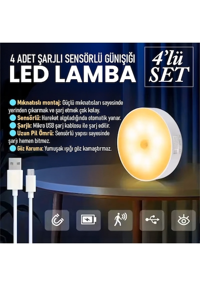 Upway 4 Adet Sensörlü Şarjlı Mıknatıslı Led Lamba Seti - 8 Ledli Günışığı Renkli Gün Işığı