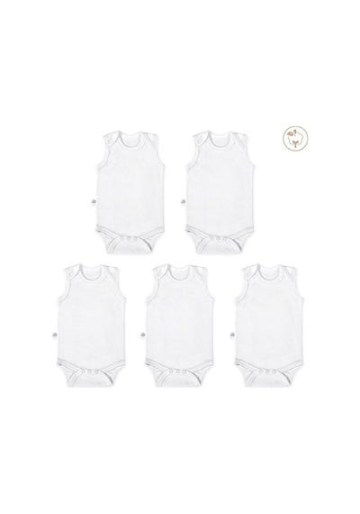 Tinylamb Bebek Atleti Beyaz Renk Bebek Bodysuit Kolsuz Set - 5 Parça