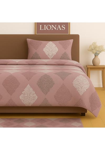 Lionas Çift Kişilik Desenli Nevresim + 2 Adet Kapaklı Yastık Kılıfı GÜL KURUSU