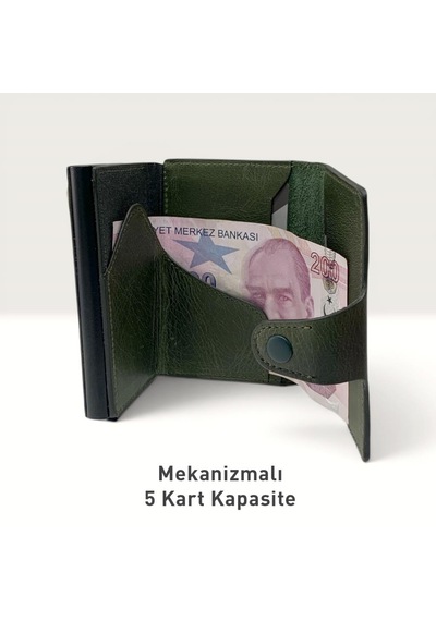Grande Hakiki Deri Mekanizmalı Mandallı Kartlık Cüzdan Rfıd Yeşil