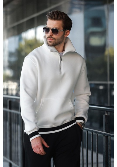 Madmext Ekru Fermuarlı Dik Yaka Kanguru Cep Erkek Sweatshirt E7159 Ekru