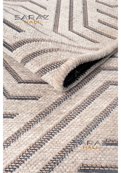 Ada Kilim Modern Salon Mutfak Koridor Kesme Yolluk Dokuma Makine Halısı Zigzag Krem Vizon