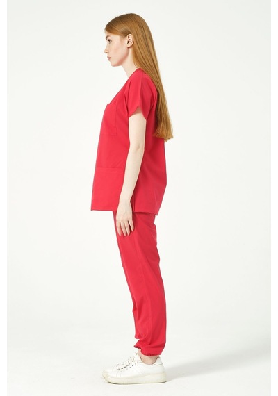 Nar Çiçeği Likralı Scrubs Kargo Cep Jogger Paça Doktor Hemşire Forması Yarasa Kol Takım Unisex