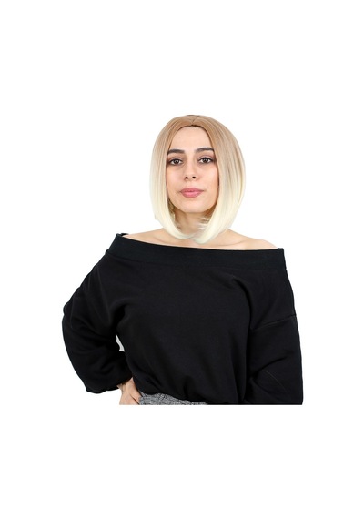 Kahkülsüz Düz Kısa Fiber Sentetik Peruk - Balköpüğü / Platin Ombreli