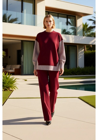 Benerly Kadın Alt Üst Oversize Rahat Kesim Örme Sweatshirt Ve Geniş Paça bordo Benerly Kadın Alt Üst Oversize Rahat Kesim Örme Sweatshirt Ve Geniş Paça bordo