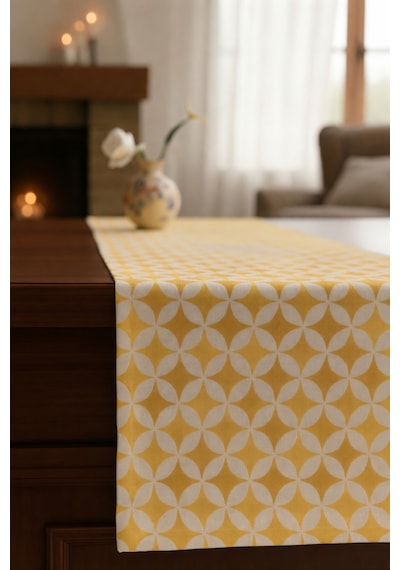 Hardal Sarı Geometrik Desenli Lüks Runner - Premium Kalite Leke Tutmaz Masa Örtüsü
