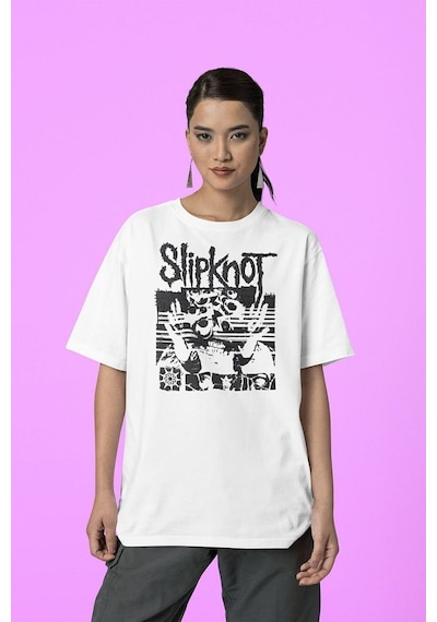 Slipknot Baskılı Unisex Tişört, Oversize Anime Tişört Beyaz