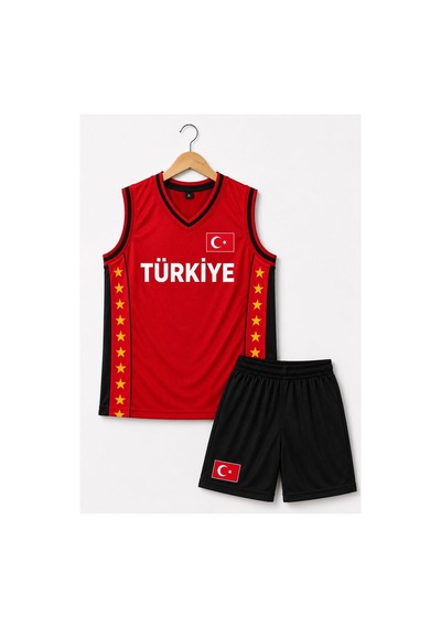 Sonvadi Çocuk Basketbol Forması Türkiye Armalı Kırmızı-siyah 3 Parça Çorap Kırmızı