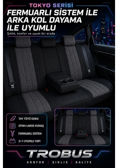 Fiat Albea 2002-2012 Bel Destekli Tay Tüyü Koltuk Kılıfı Tokyo Serisi Füme Siyah