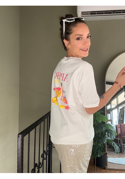 Ali Butik Ekru Aperol Baskılı Tişört