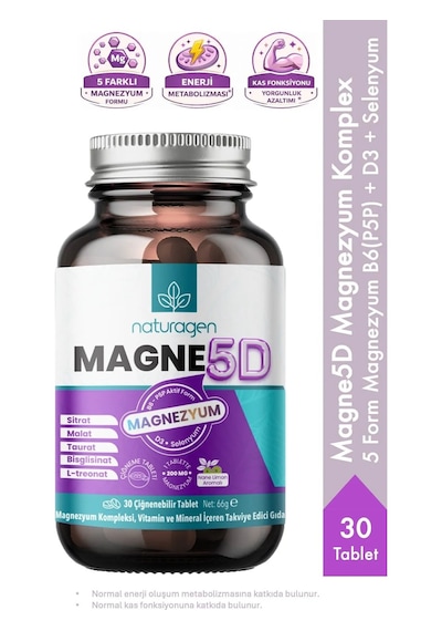 Naturagen Magne 5d Magnezyum Kompleksi 200mg 30 Çiğnenebilir Tablet P5p, D3, Selenyum Nane & Limon Aromalı