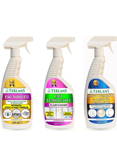 Terlans Mutfak Yağ Sökücü + Banyo Duşakabin Temizleyicisi + Cam Temizleyici 3 x 500 ML