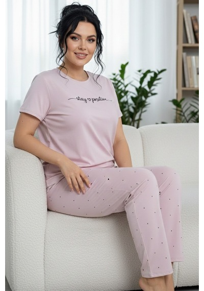 Siyah İnci Desenli Pamuklu Büyük Beden Battal Boy Örme Pijama Takım 26113866 Lila