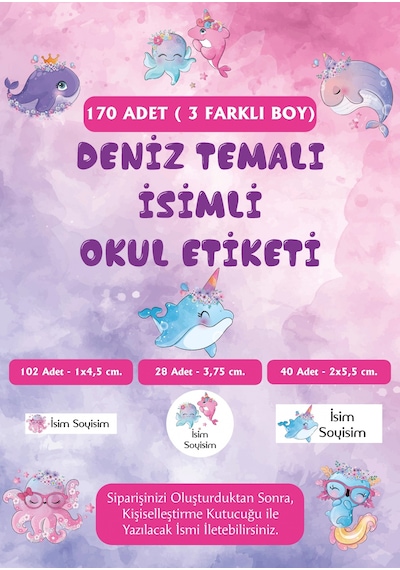 Deniz Temalı İsimli Okul Etiketi - 170 Adet Pembe