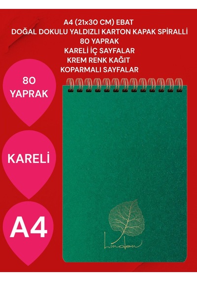 Kareli A4 21x30 Cm 80 Yaprak Karton Kapak Spiralli Krem Renk Sayfalar Üstten Açılır Linden Koyu Yeşil