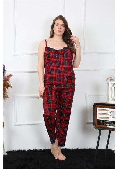 Akbeniz Kadın Büyük Beden Kırmızı Ekoseli İp Askılı Pijama Takım 202197 Kırmızı