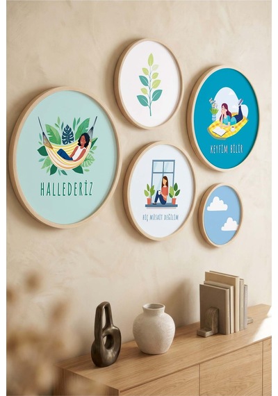 Yuvarlak Ahşap Çerçeveli Yazılı Ve Minimalist Kahve Çeşitleri Tablo Seti