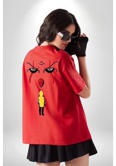 Pennywise Vs Georgie Korku Filmi Kırmızı Oversize Unisex Ön Ve Sırt Baskılı Tişört Kırmızı