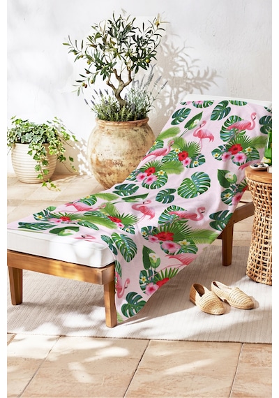 Flamingo Tropikal Yapraklı Plaj Havlusu - Pembe Yeşil Bohem Yazlık Hızlı Kuruyan Mikrofiber Havlu Kumlu Yosun