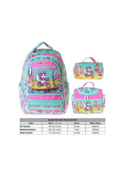 Kaukko Kids Cat Bike Yeşil - Pembe Renk Kız Çocuk Üçlü İlkokul Okul Çantası Seti/takımı - Setkk-l5328a Çok Renkli