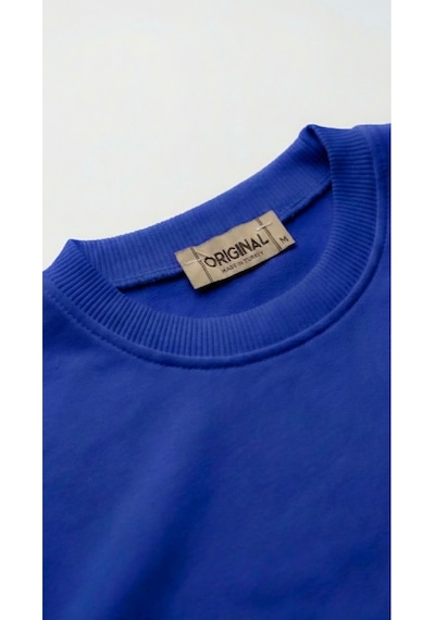 Unisex Düz Renk Bisiklet Yaka Basic Tişört Mavi