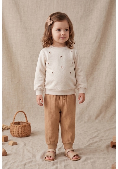Deniva Kids Kiraz Nakışlı Sweatshirt Müslin Pantolonlu 2'li Alt Üst Takım - 1 - 2 Yaş Bej