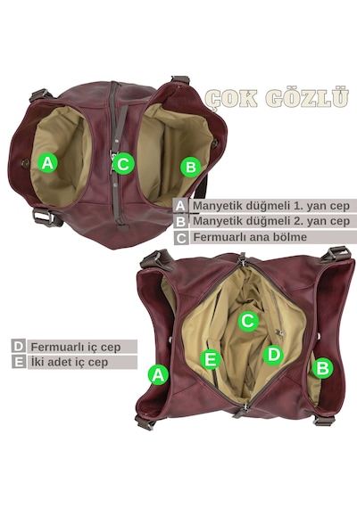 Cappadocia Vintage Myra Kadın Dumanlı Bordo Pu Deri Günlük Omuz Çantası Üç Bölmeli Hobo Tote El Çantası