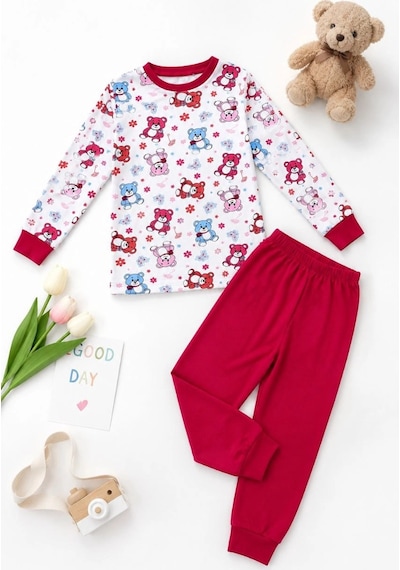 Novalisse Kız Çocuk Premium Penye Ayıcık Desenli Uzun Kollu Pijama Takımı 2-11 Yaş - Kırmızı Çoklu Renk