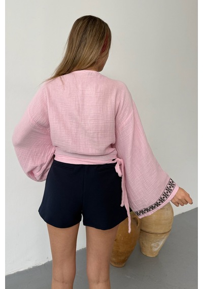 Giysa Kadın Bağlama Detaylı Nakışlı %100 Pamuklu Kimono Pembe - 26y 7014