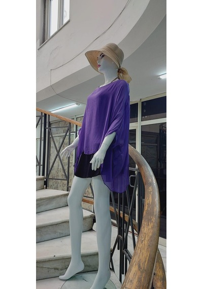 Bohem Stil İtalyan Yarasa Kollu İpek Bluz Mor