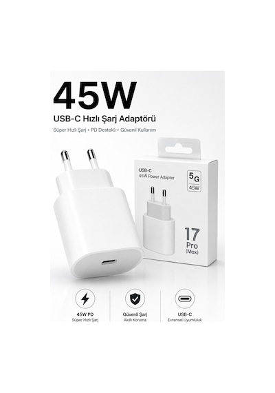 45w Usb-c Hızlı Şarj Adaptörü Beyaz Type-c Çıkışlı Kompakt Güç Adaptörü İphone 15 16 17 Pro Max Uyumlu