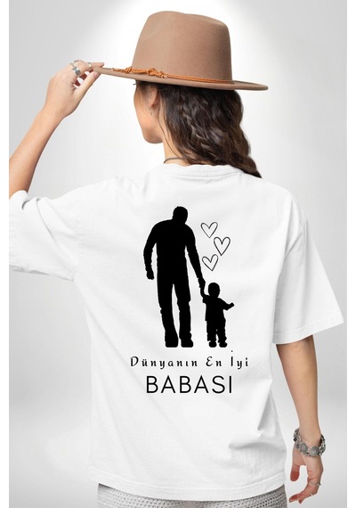Babalar Günü Dünyanın En İyi Babası Beyaz Oversize Unisex Ön Ve Sırt Baskılı Tişört Beyaz