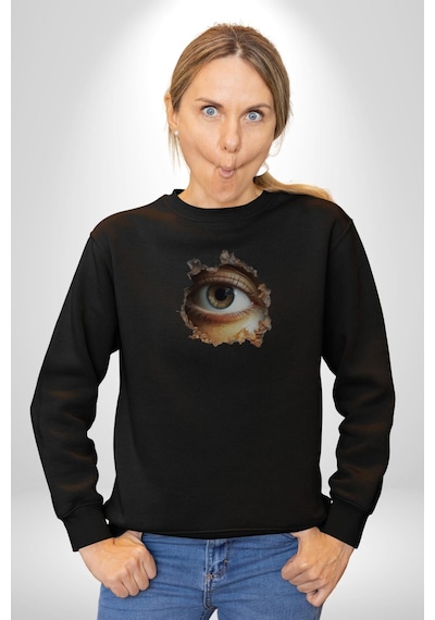 Duvardan Biri Bizi Gözetliyor Unisex Siyah Baskılı Sweatshirt Siyah